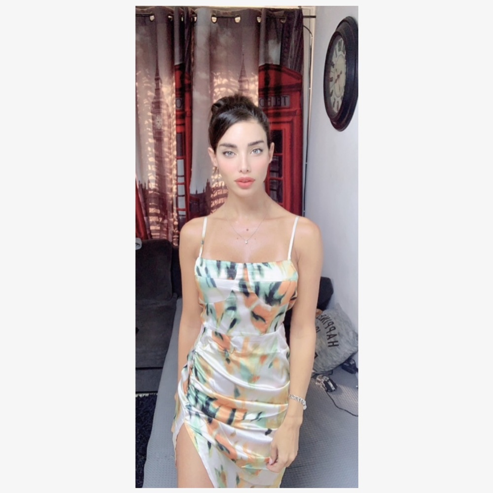 Satin Spotted Print Cami Dress High Slit - Picture 12 of 13